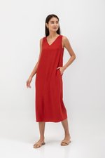 MERIDA V NECK ELASTIC BACK MIDI DRESS W SLIT