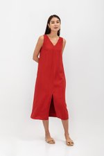 MERIDA V NECK ELASTIC BACK MIDI DRESS W SLIT