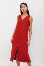 MERIDA V NECK ELASTIC BACK MIDI DRESS W SLIT