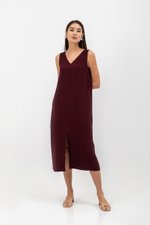 MERIDA V NECK ELASTIC BACK MIDI DRESS W SLIT