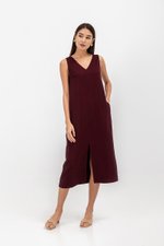 MERIDA V NECK ELASTIC BACK MIDI DRESS W SLIT