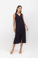 MERIDA V NECK ELASTIC BACK MIDI DRESS W SLIT