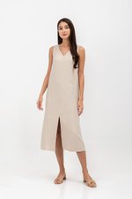 MERIDA V NECK ELASTIC BACK MIDI DRESS W SLIT