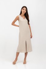 MERIDA V NECK ELASTIC BACK MIDI DRESS W SLIT