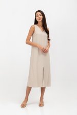 MERIDA V NECK ELASTIC BACK MIDI DRESS W SLIT