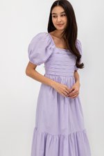 COPEN PLEATED PUFF SLEEVE COTTON MAXI DRESS