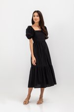 COPEN PLEATED PUFF SLEEVE COTTON MAXI DRESS