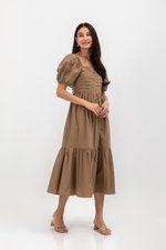 COPEN PLEATED PUFF SLEEVE COTTON MAXI DRESS