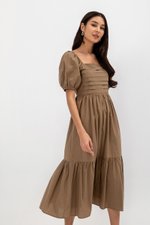 COPEN PLEATED PUFF SLEEVE COTTON MAXI DRESS