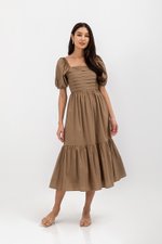 COPEN PLEATED PUFF SLEEVE COTTON MAXI DRESS