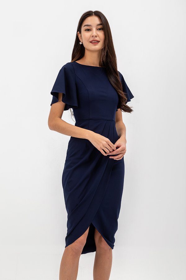 ALMEDA FLUTTER SLEEVED TULIP WRAP MIDI DRESS