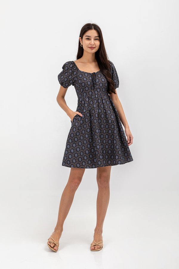 AMINA PUFF SLEEVE ABSTRACT MINI DRESS