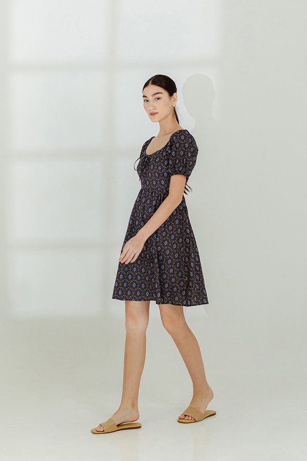 AMINA PUFF SLEEVE ABSTRACT MINI DRESS