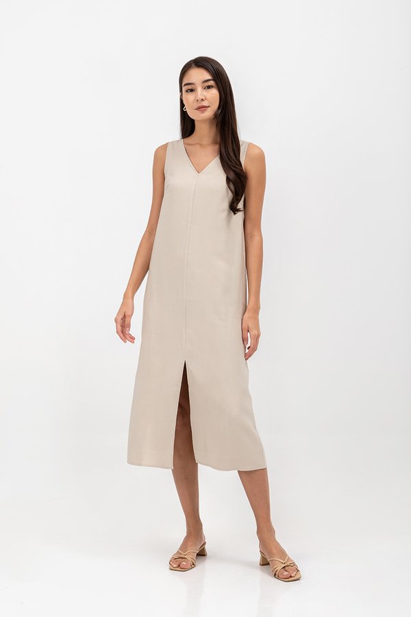 MERIDA V NECK ELASTIC BACK MIDI DRESS W SLIT