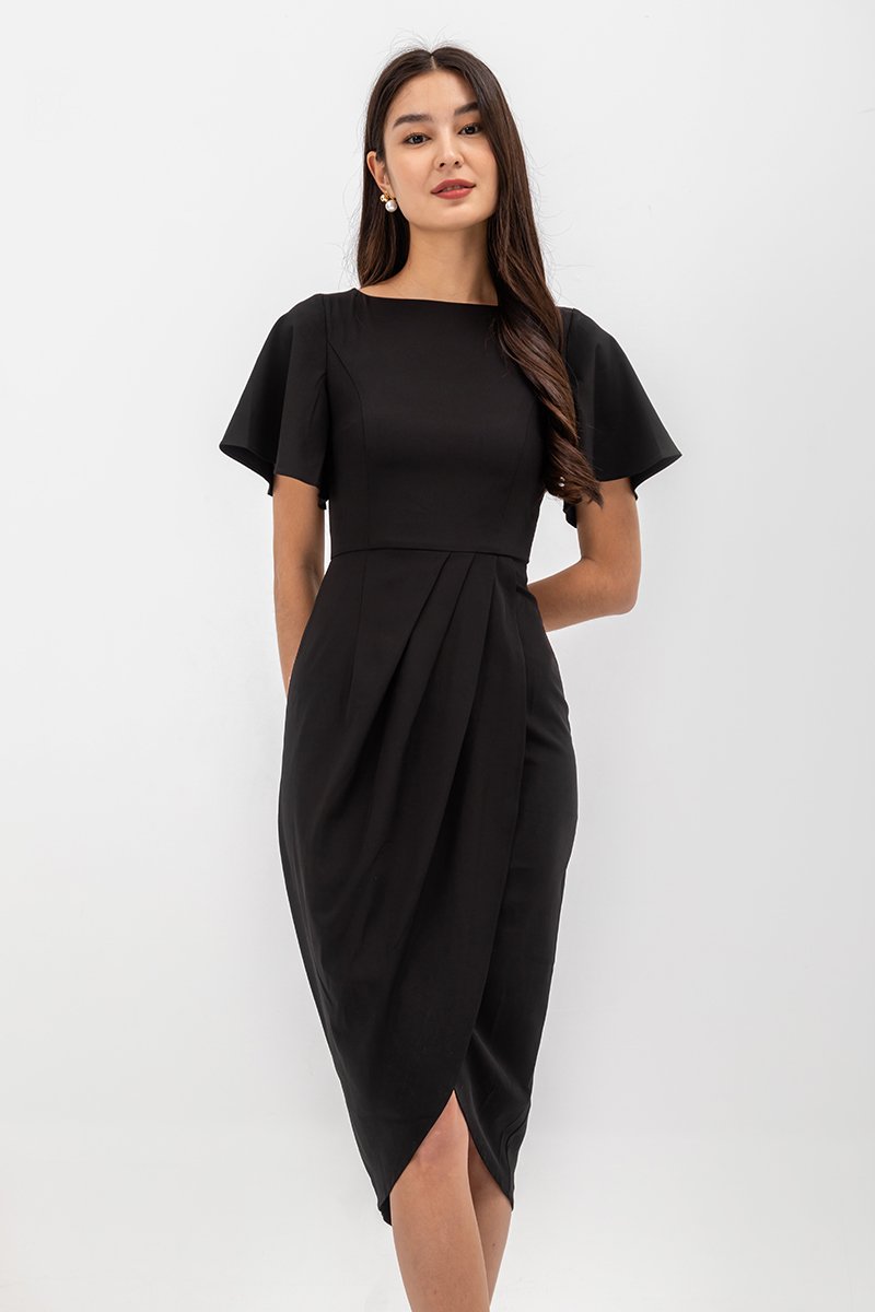 ALMEDA FLUTTER SLEEVED TULIP WRAP MIDI DRESS