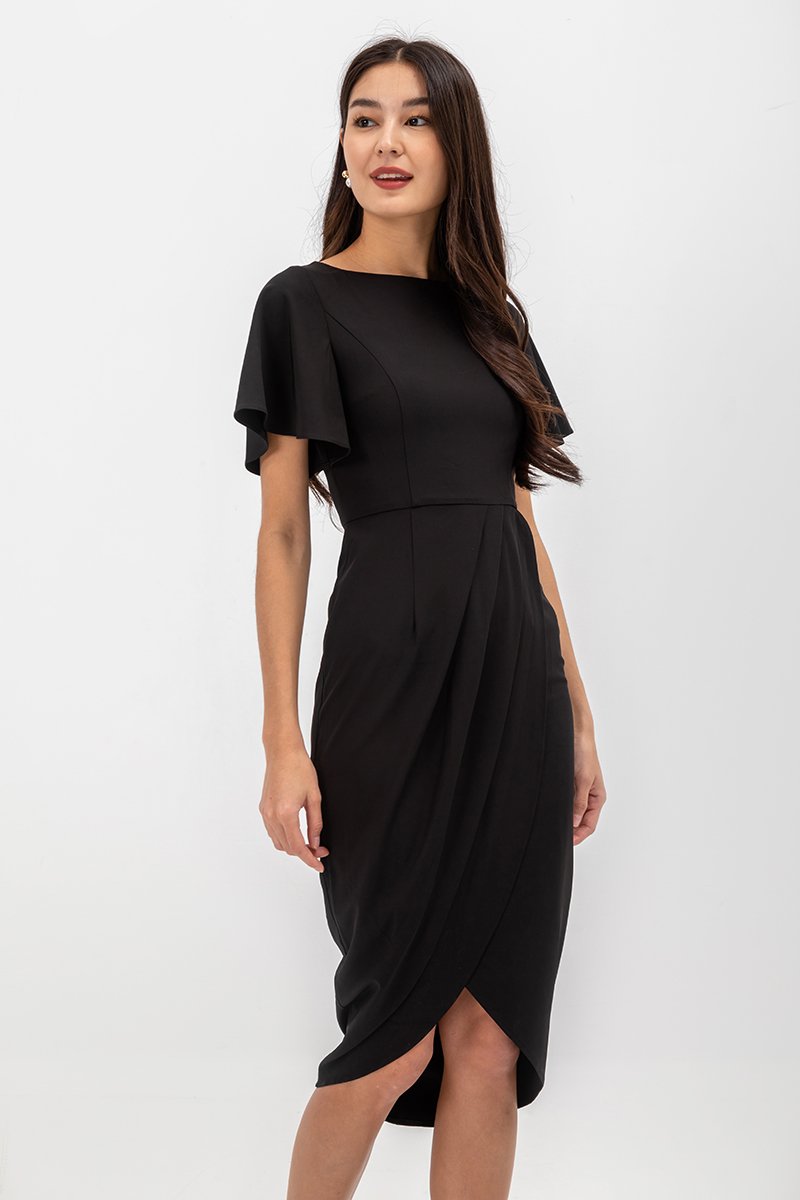 ALMEDA FLUTTER SLEEVED TULIP WRAP MIDI DRESS