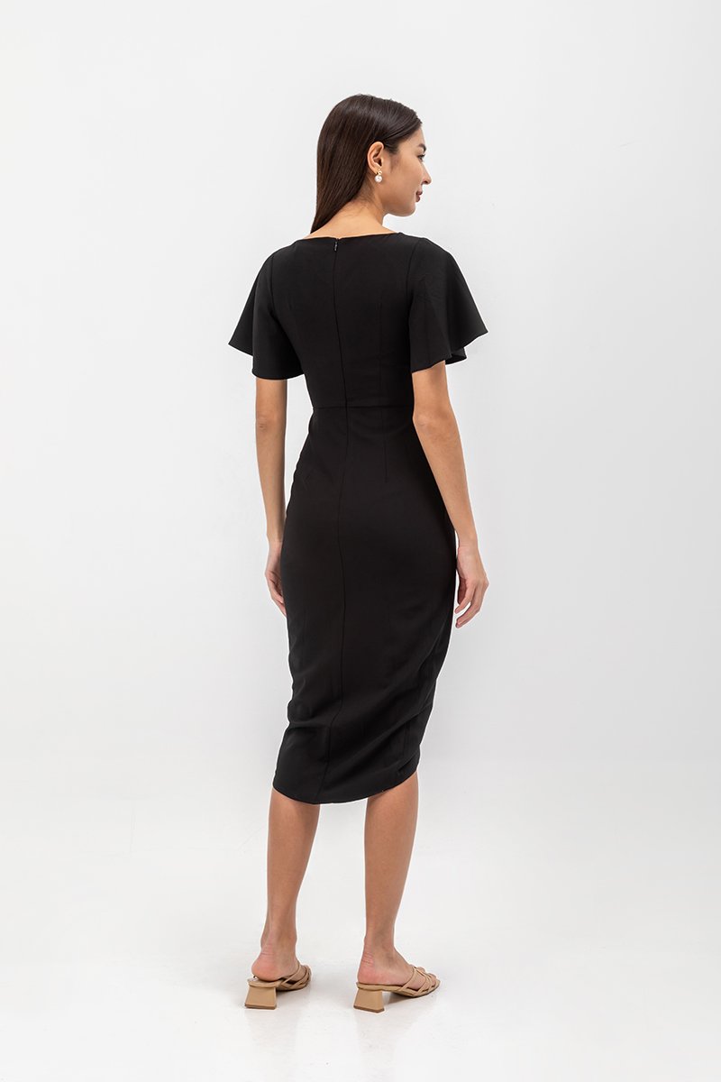 ALMEDA FLUTTER SLEEVED TULIP WRAP MIDI DRESS