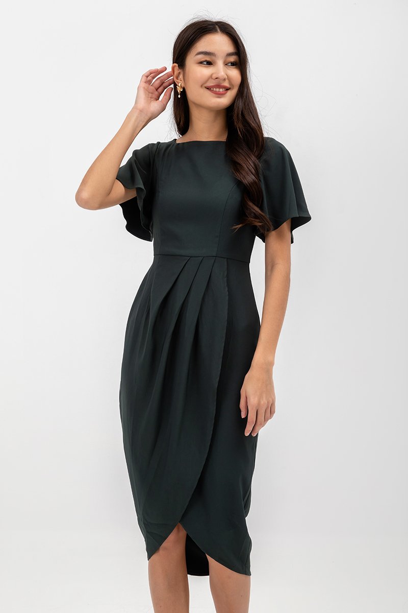 ALMEDA FLUTTER SLEEVED TULIP WRAP MIDI DRESS