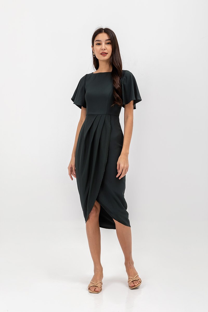 ALMEDA FLUTTER SLEEVED TULIP WRAP MIDI DRESS