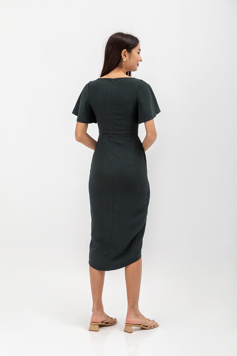ALMEDA FLUTTER SLEEVED TULIP WRAP MIDI DRESS