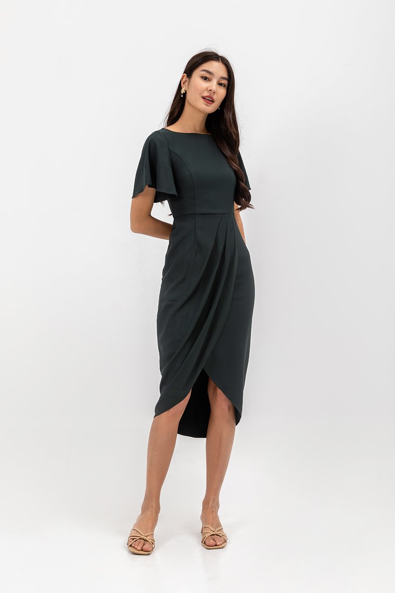 ALMEDA FLUTTER SLEEVED TULIP WRAP MIDI DRESS