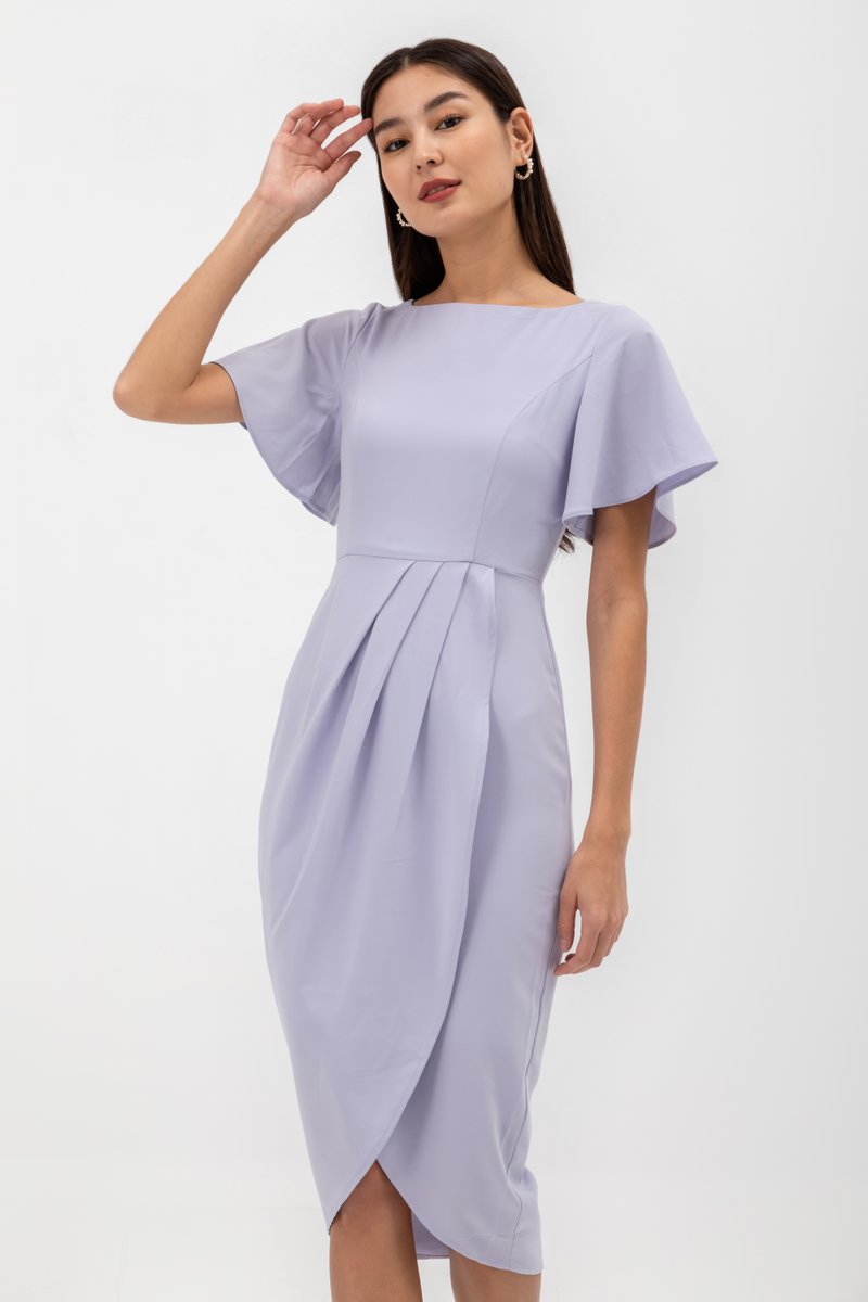 ALMEDA FLUTTER SLEEVED TULIP WRAP MIDI DRESS
