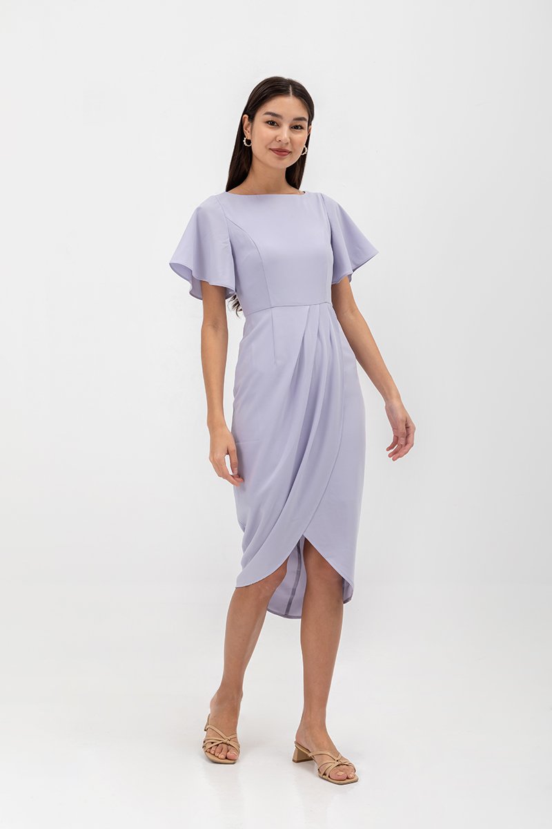 ALMEDA FLUTTER SLEEVED TULIP WRAP MIDI DRESS
