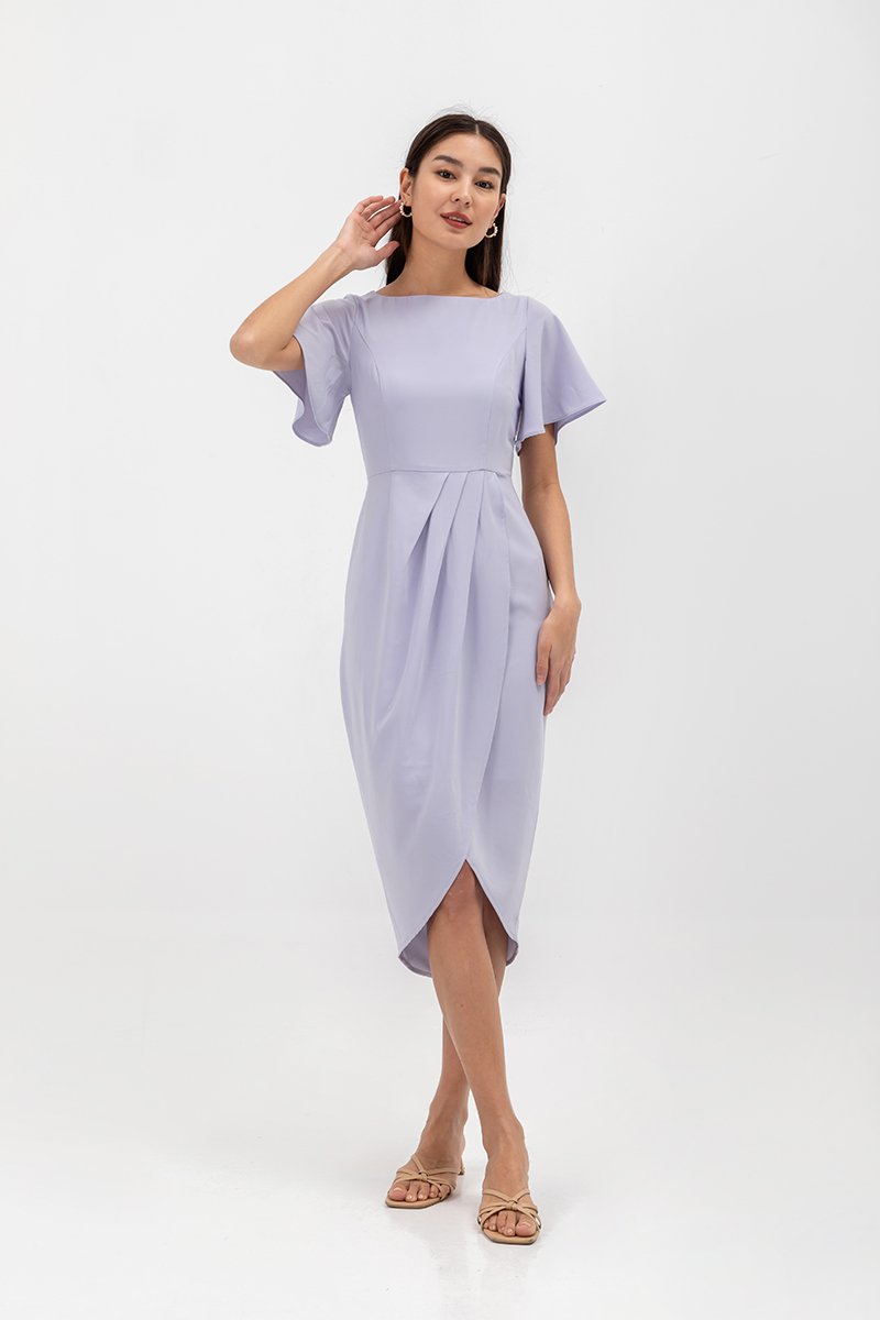 ALMEDA FLUTTER SLEEVED TULIP WRAP MIDI DRESS