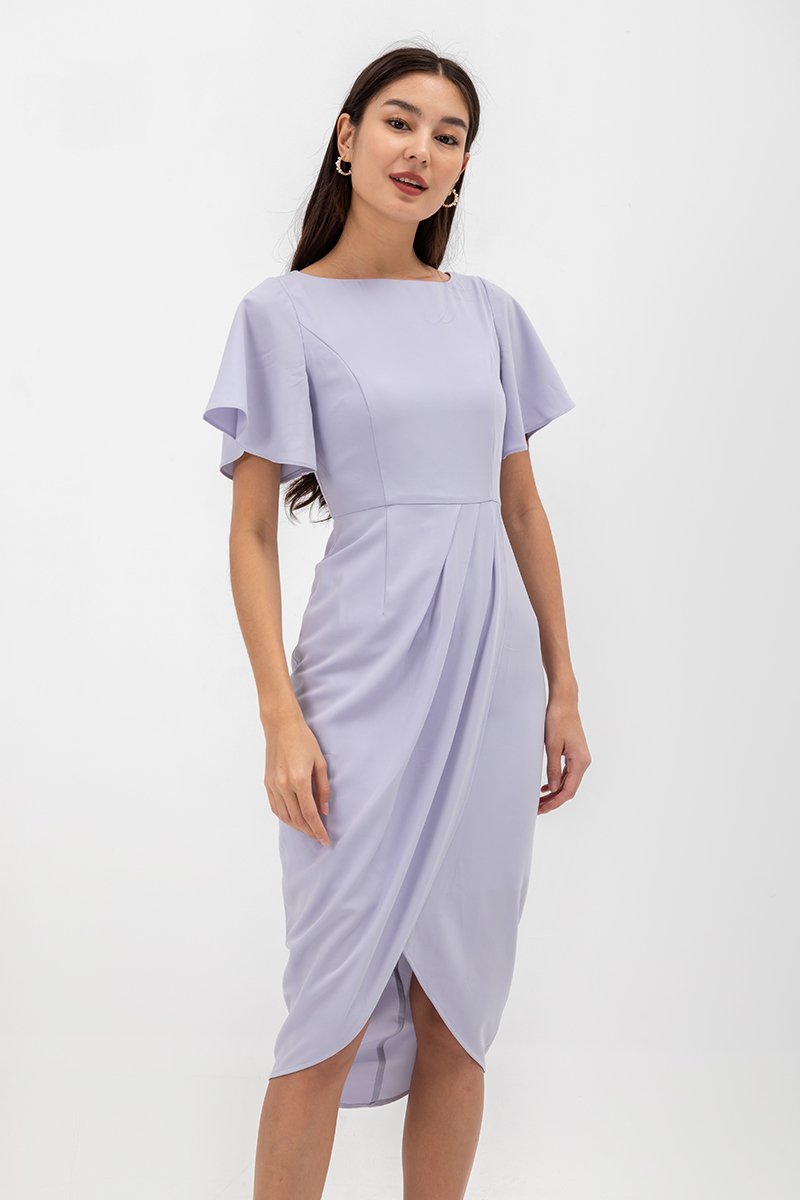 ALMEDA FLUTTER SLEEVED TULIP WRAP MIDI DRESS