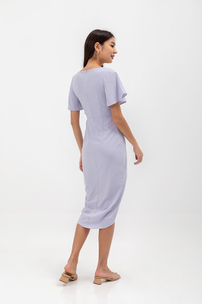 ALMEDA FLUTTER SLEEVED TULIP WRAP MIDI DRESS