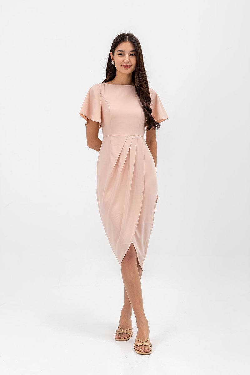 ALMEDA FLUTTER SLEEVED TULIP WRAP MIDI DRESS