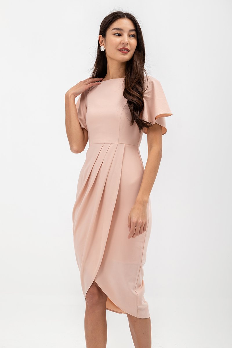 ALMEDA FLUTTER SLEEVED TULIP WRAP MIDI DRESS