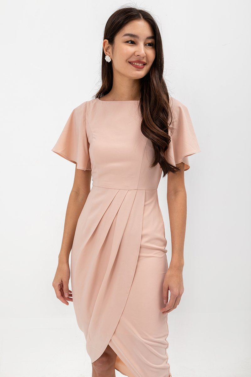 ALMEDA FLUTTER SLEEVED TULIP WRAP MIDI DRESS
