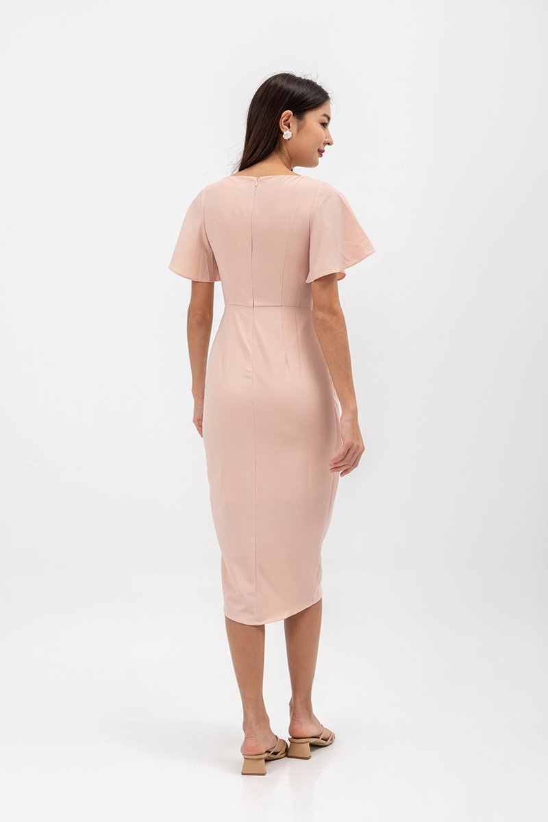ALMEDA FLUTTER SLEEVED TULIP WRAP MIDI DRESS