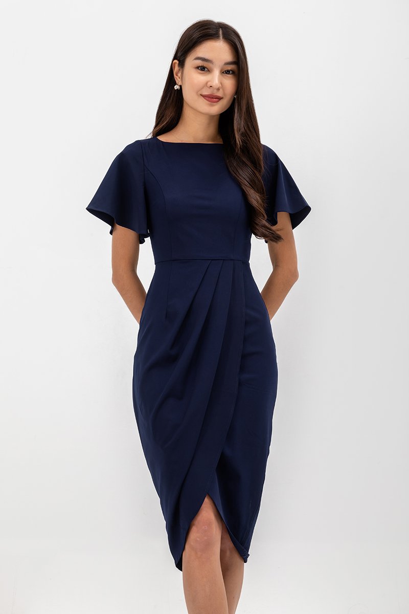 ALMEDA FLUTTER SLEEVED TULIP WRAP MIDI DRESS