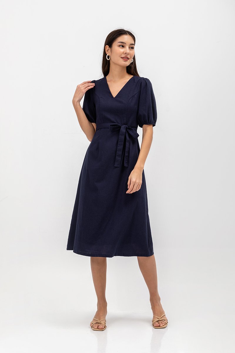 JERIELLE LINEN MIDI DRESS W SASH