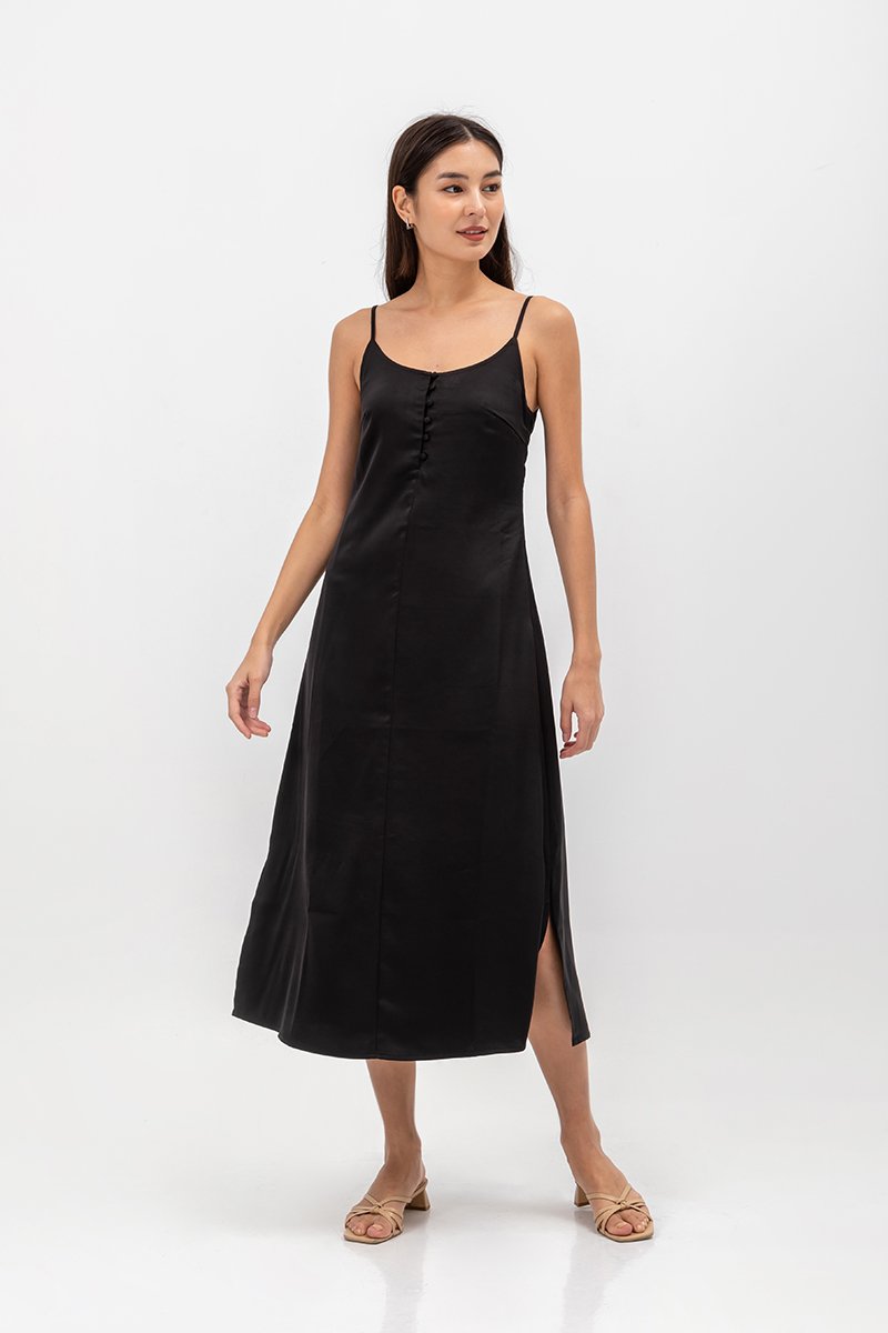 CATE SATIN SCOOP NECK BUTTONDOWN SLIP DRESS