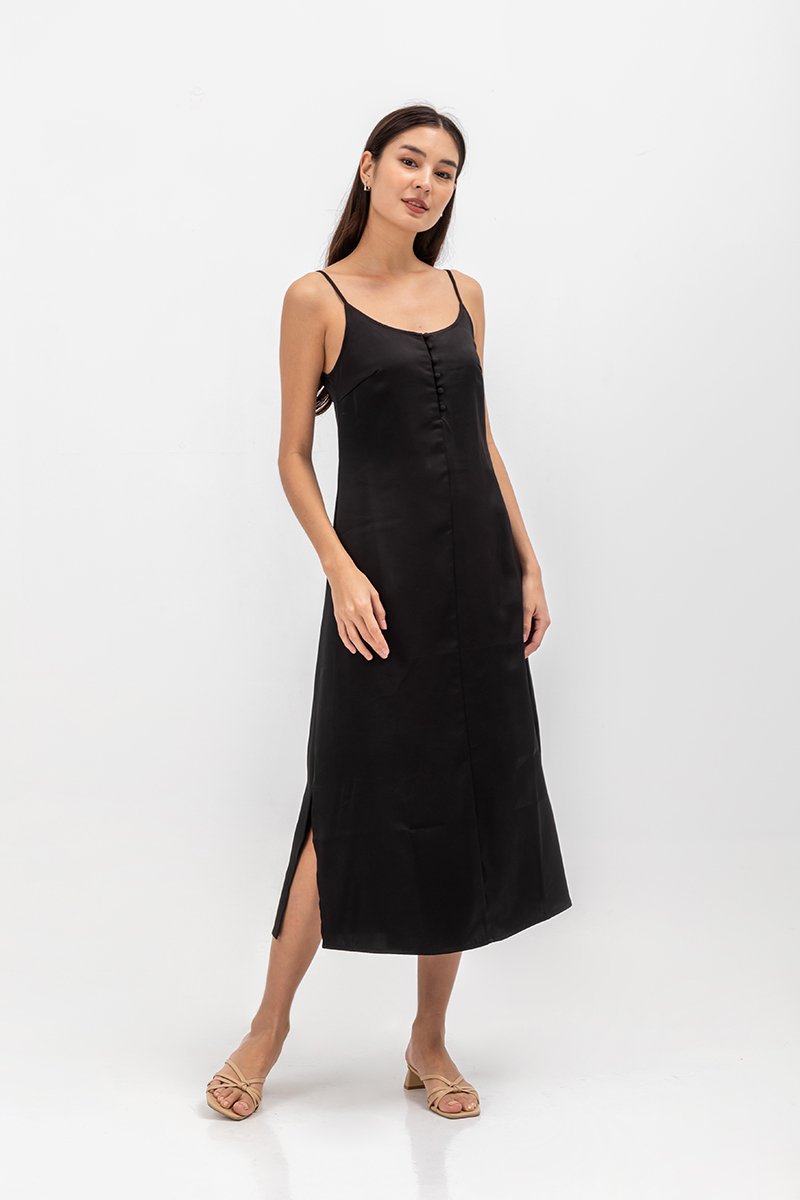 CATE SATIN SCOOP NECK BUTTONDOWN SLIP DRESS