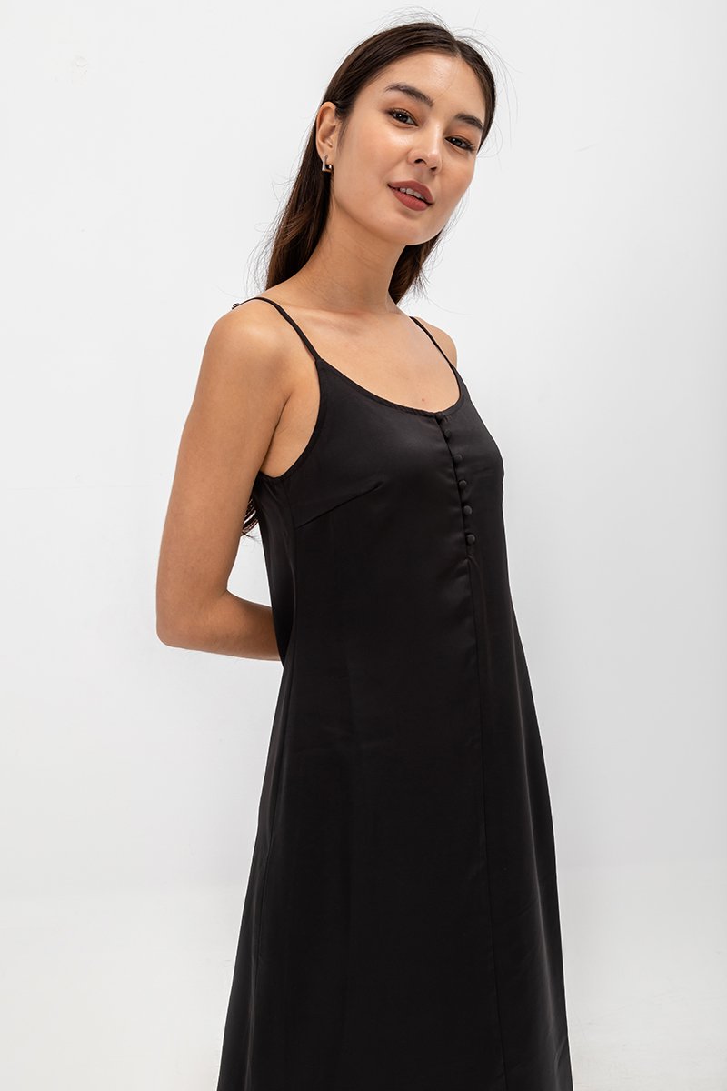 CATE SATIN SCOOP NECK BUTTONDOWN SLIP DRESS