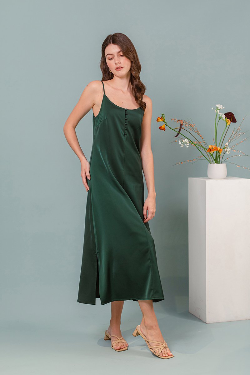 CATE SATIN SCOOP NECK BUTTONDOWN SLIP DRESS