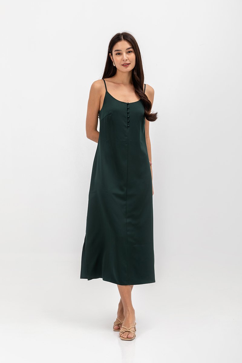 CATE SATIN SCOOP NECK BUTTONDOWN SLIP DRESS