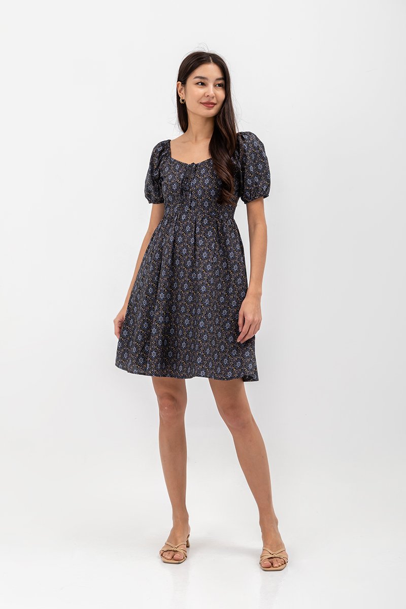AMINA PUFF SLEEVE ABSTRACT MINI DRESS
