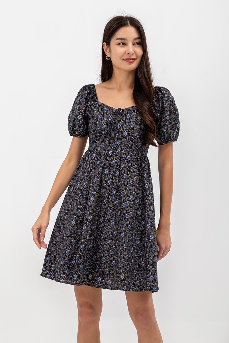AMINA PUFF SLEEVE ABSTRACT MINI DRESS