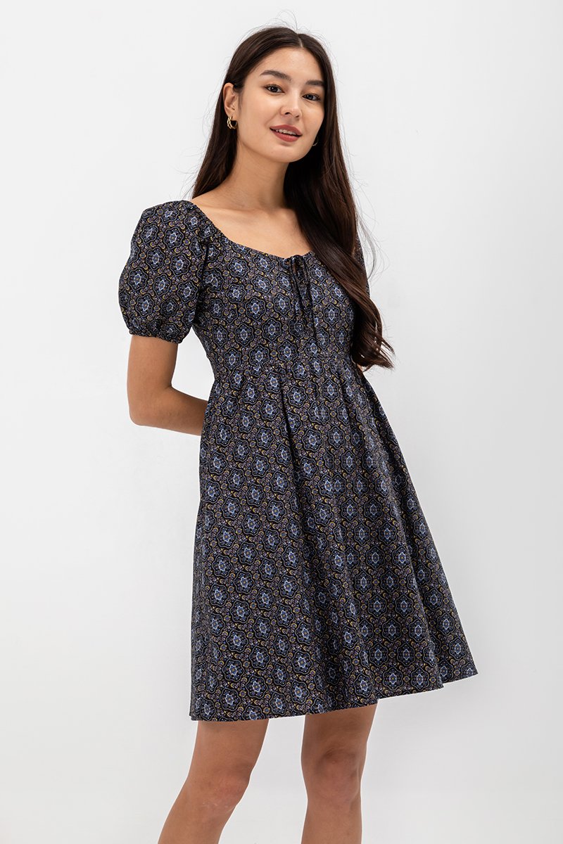 AMINA PUFF SLEEVE ABSTRACT MINI DRESS