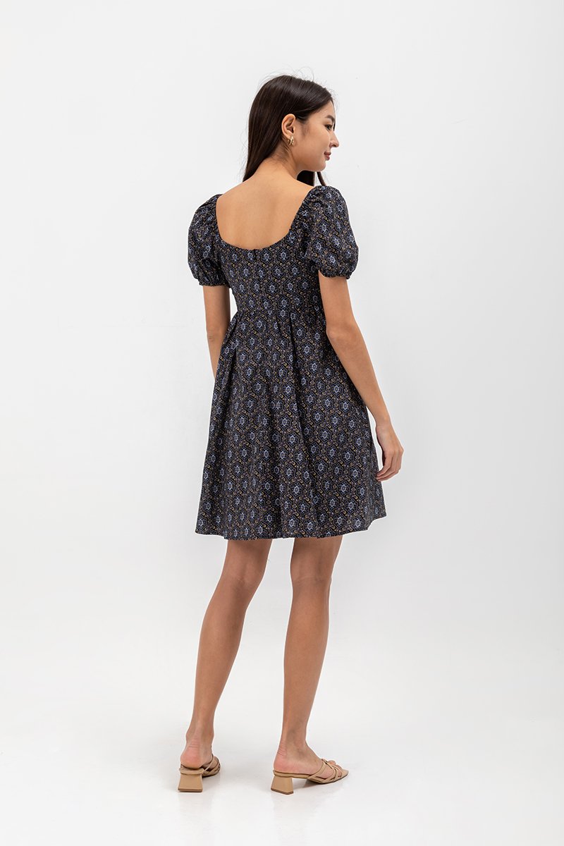 AMINA PUFF SLEEVE ABSTRACT MINI DRESS