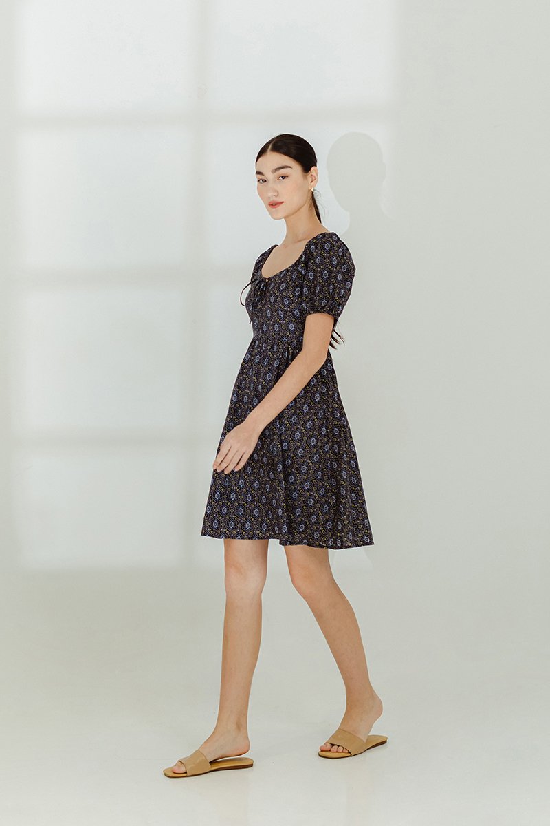 AMINA PUFF SLEEVE ABSTRACT MINI DRESS