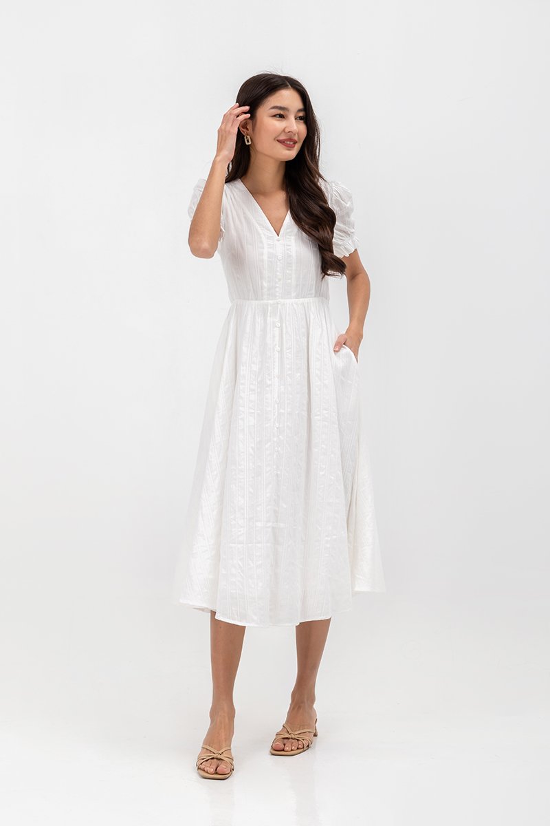 LAREINA TEXTURED V NECK MIDI DRESS