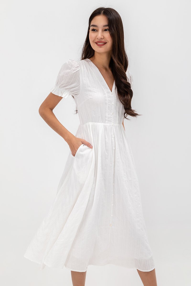 LAREINA TEXTURED V NECK MIDI DRESS
