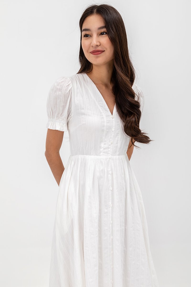 LAREINA TEXTURED V NECK MIDI DRESS