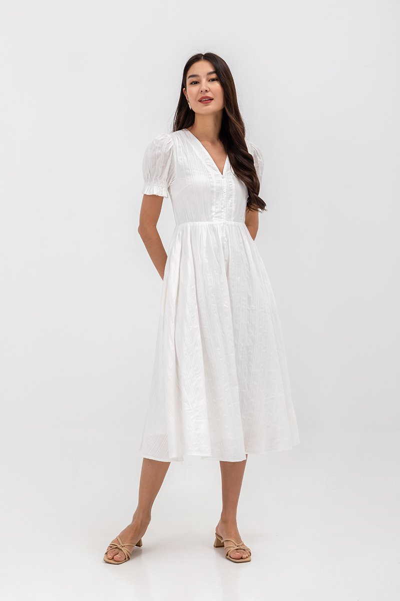 LAREINA TEXTURED V NECK MIDI DRESS